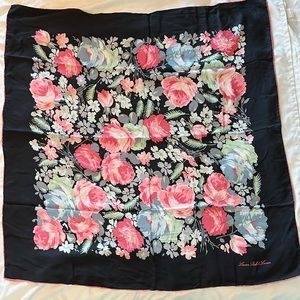 Lauren Ralph Lauren silk floral scarf, black w/ pink, blue, green floral, 34”